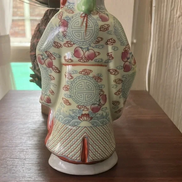 Vintage Chinese Shou Xing Porcelain Figurine w/Yellow Blue Red Outfit 7” - Picture 7 of 9